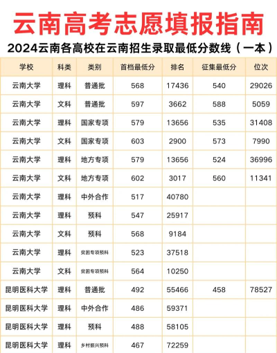 2024各个大学在云南录取分数线及位次排名