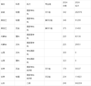 山东工业职业学院2024年在安徽录取分数线、对应位次