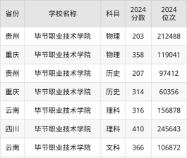2024毕节职业技术学院在云南录取分数线