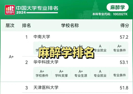 2024中医麻醉专业排名 2024中医麻醉专业排名